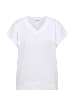 Maglietta bianca a maniche corte con scollo a V, risvolti piegati e orlo largo, con etichetta "CECIL" sul collo.
