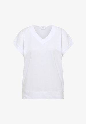 Wit T-shirt met korte mouwen, V-hals, opgerolde manchetten en brede zoom, met het label "CECIL" bij de halslijn.