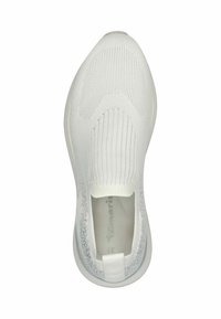 White slip-on sneaker with a textured knit upper, rounded toe, and elastic collar. Features a clear rubber outsole and subtle gray accents.