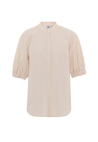 Blouse beige à manches courtes avec manches bouffantes, poignets élastiques, motif floral subtil et un seul bouton au col rond.