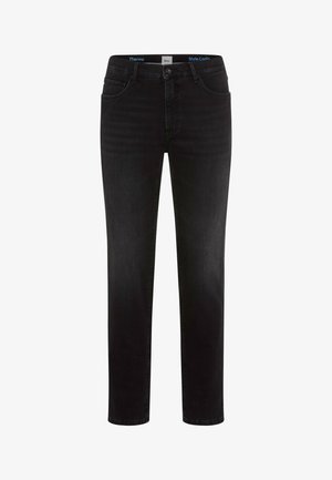 Schwarze Jeans aus Denim mit geradem Bein, detaillierter Naht und fünf Taschen. Sie verfügen über ein thermisches Futter und einen Knopfverschluss.