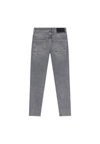 Grå denimjeans med en slim fit. Har en svart lappar på midjan, två bakfickor och en enkel design utan utsmyckningar.