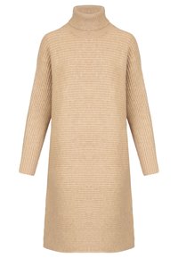 Robe midi à col montant côtelé en beige clair. Fabriquée en tissu doux, avec une coupe décontractée et des manches longues, elle présente un ourlet droit.