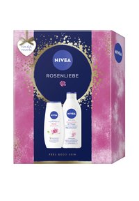 NIVEA gift set featuring two bottles: a white shower gel and a white body lotion, all housed in a pink and blue patterned box with gold accents.