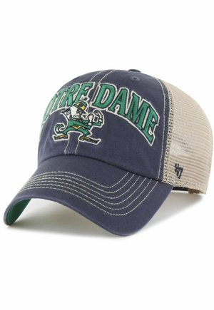 Marineblaue und beige Baseballkappe aus Netzmaterial mit "Notre Dame" Schriftzug und besticktem Kobold-Maskottchen auf der Vorderseite.