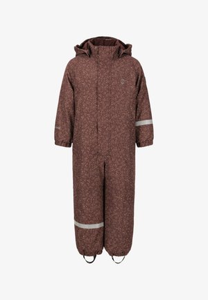 Combinaison une pièce à motifs bruns avec un col haut, une capuche, des poignets élastiques, des bandes réfléchissantes et des ouvertures de jambes ajustables. Tissu imperméable.