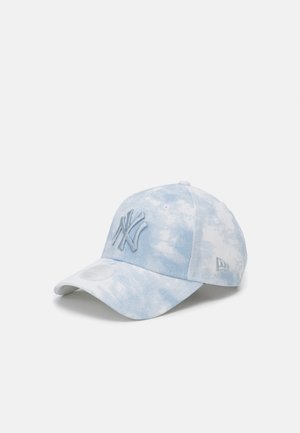 Light blue cap with tie-dye pattern, embroidered NY logo in matching color, curved brim, and fabric composition.