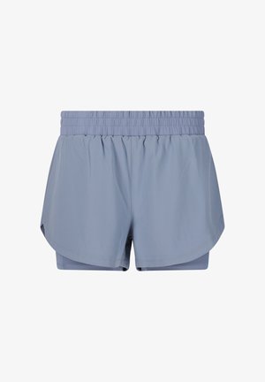 Light blue athletic shorts with an elastic waistband, layered design, and side slits. Made from a smooth, lightweight fabric.