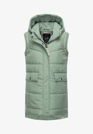 Mintgroene puffer gilet met een capuchon, voorzien van een ritssluiting aan de voorkant, twee drukknopzakken en een ruitvormige quilting.
