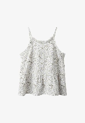 Top de tirantes finos en color blanco con dibujo floral, bordes rizados y diseño en capas. Presenta pequeños patrones de flores azules y verdes. Tejido ligero.