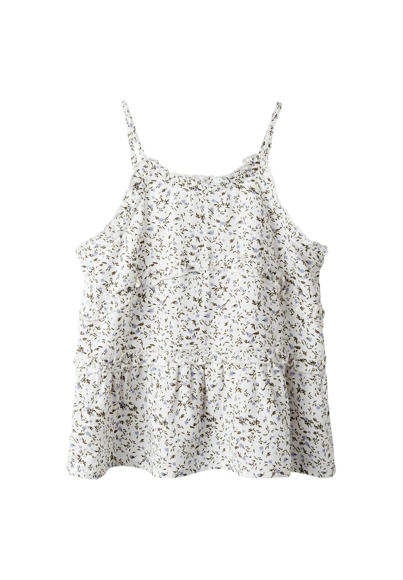 Top in tessuto bianco con fiori, spalline sottili, bordi arricciati e design a strati. Presenta piccoli motivi di fiori blu e verdi. Tessuto leggero.