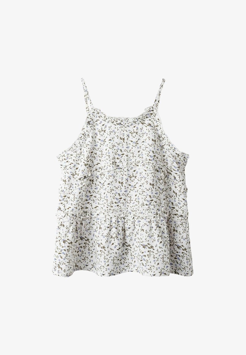 White floral tank top with thin straps, ruffled edges, and layered design. Features small blue and green flower patterns. Lightweight fabric.