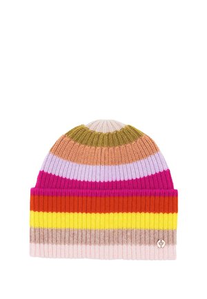 Ribbed knit beanie with horizontal stripes in pink, beige, yellow, orange, red, magenta, purple, peach, and olive green colors.