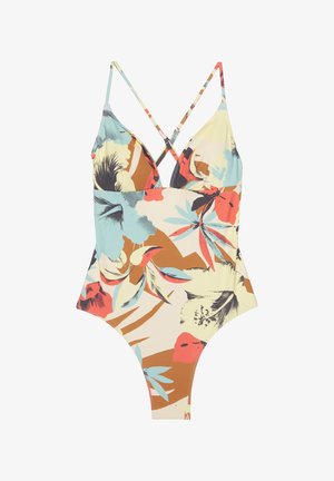 Farebné jednodielne plavky s kvetinovým vzorom, tenkými krížovými ramienkami, hlbokým výstrihom do tvaru V a priliehavým strihom. Vyrobené z hladkej, elastickej látky.