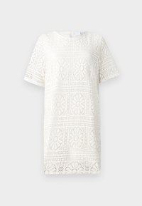 Abito bianco in pizzo con un motivo floreale geometrico, maniche corte e scollatura a girocollo. Tessuto morbido con un design intricato.