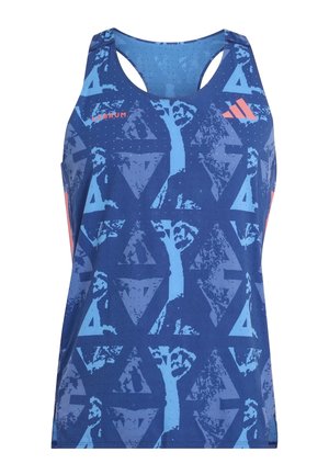 Blaues athletisches Tanktop mit abstrakten geometrischen und Faustmustern, mit korallfarbenem "LABRUM"-Text und Sportmarkenlogo auf der Brust.