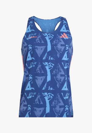 Blaues athletisches Tanktop mit abstrakten geometrischen und Faustmustern, mit korallfarbenem "LABRUM"-Text und Sportmarkenlogo auf der Brust.