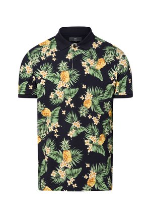 Marineblaues Poloshirt mit einem lebhaften tropischen Druck, der gelbe Ananas, grüne Blätter und weiße Blumen zeigt. Kurze Ärmel, weicher Stoff.
