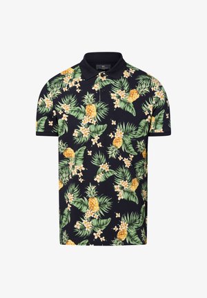 Marineblaues Poloshirt mit einem lebhaften tropischen Druck, der gelbe Ananas, grüne Blätter und weiße Blumen zeigt. Kurze Ärmel, weicher Stoff.