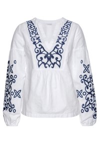 Blusa bianca in lino con ricami floreali in blu navy e motivi a spirale sulle maniche e sul colletto. Presenta un collo a V e una vita arricciata.