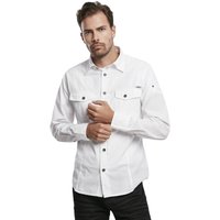 Camicia bianca a maniche lunghe con colletto a bottoni, dotata di due tasche sul petto, bottoni neri e una finitura liscia.