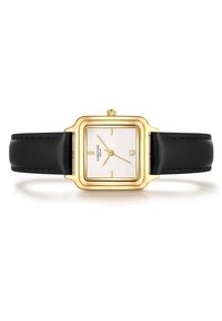 Square gold-tone watch with white dial, black leather strap, gold hour markers, and thin gold hands. Minimalist design and smooth texture.