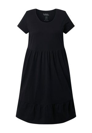 Vestido negro de manga corta con escote redondo, cintura fruncida y dobladillo con volantes, hecho de 100% algodón.