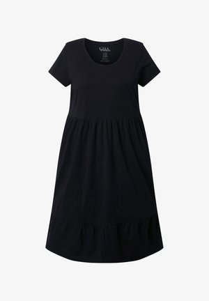 Robe noire à manches courtes avec encolure ronde, taille froncée et ourlet à volants, en 100 % coton.