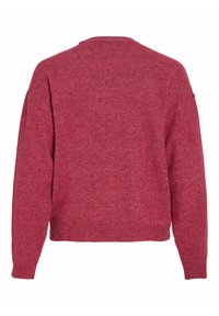 Pull en laine rouge avec col rond, manches longues et ourlet côtelé. Le tissu a une finition douce et texturée et une coupe décontractée.