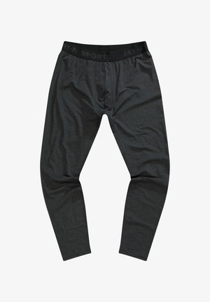 Leggings deportivos en gris oscuro con un diseño ajustado, cinturilla elástica que presenta el texto "JAY-PI SPORTS" y una textura de tela suave y flexible.