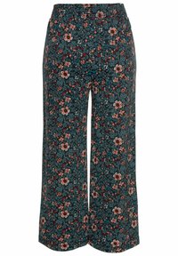 Wide-leg trousers with an elastic waistband, made of a dark fabric featuring a floral pattern in red, pink, and blue hues.