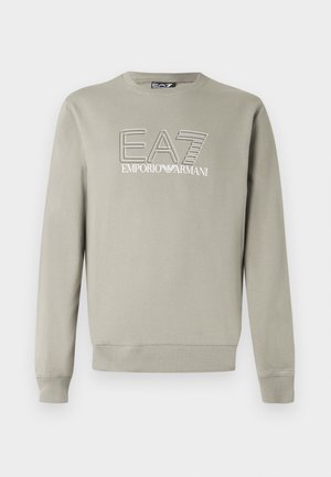 Lys grå genser med rund hals og lange ermer, med "EA7 Emporio Armani"-logo i midten på brystet.