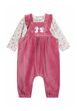 Rosa Kord-Romper für Babys mit bestickten weißen Mäusen und einem langärmeligen Blumenshirt mit roten, blauen und pinken Blumen.