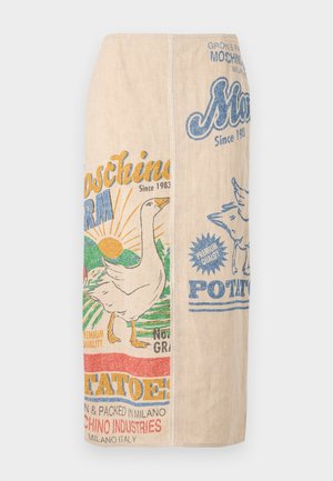 Gonna midi beige con stampa colorata in stile vintage di fattoria e sacco di patate, con grafica di oca e sole e accenti di testo.