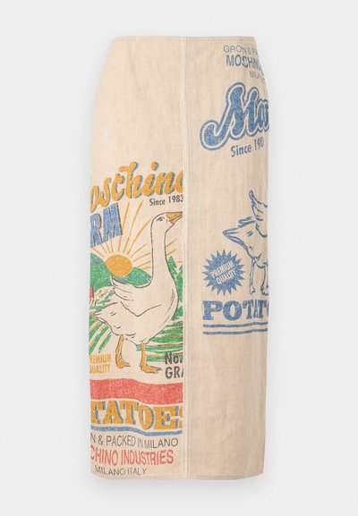 Μπεζ μίντι φούστα με πολύχρωμο, βιντατζ μοτίβο από αγρόκτημα και σακί πατάτας, με γραφικό χήνας και ήλιου και κείμενα.