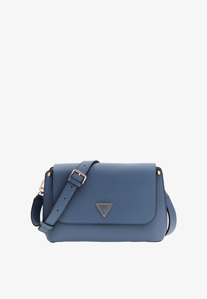 Borsa a tracolla blu in pelle con chiusura a pattina, hardware dorato e un logo triangolare. Presenta una tracolla regolabile e una finitura testurizzata.