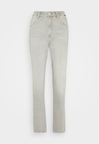 Jasnoszare jeansy o prostych nogawkach z pięcioma kieszeniami, zapięciem na guzik i subtelną teksturą z efektami mechacenia. Wykonane z denimu, z widocznymi przeszyciami.