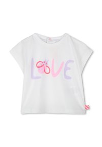 T-shirt bianco a maniche corte con il testo colorato "LOVE" in rosa e viola, accompagnato da una piccola grafica di pois rosa e una corona.