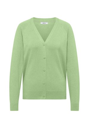 Cardigan vert clair boutonné avec manches longues, col en V, poignets et ourlet côtelés, présenté sur un fond blanc.