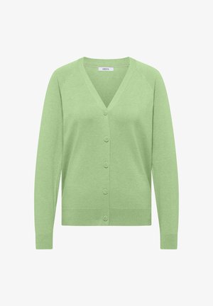 Cardigan vert clair boutonné avec manches longues, col en V, poignets et ourlet côtelés, présenté sur un fond blanc.