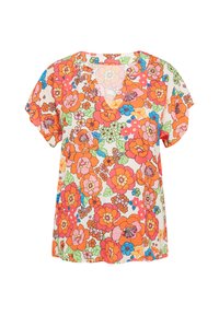 Top floreale a maniche corte con scollatura a V, caratterizzato da un vivace mix di fiori arancioni, rosa e blu su uno sfondo chiaro. Tessuto leggero.