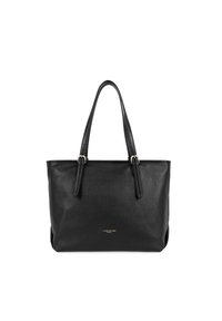 Borsa a tracolla nera in pelle con due manici lunghi, texture liscia e branding dorato sul fronte. Design semplice, forma rettangolare.