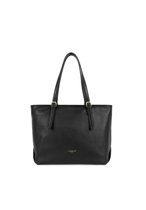 Borsa a tracolla nera in pelle con due manici lunghi, texture liscia e branding dorato sul fronte. Design semplice, forma rettangolare.