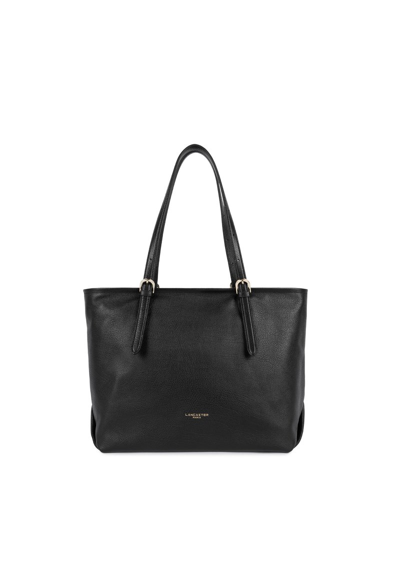 Borsa a tracolla nera in pelle con due manici lunghi, texture liscia e branding dorato sul fronte. Design semplice, forma rettangolare.