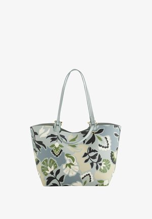 Tragetasche mit blau-grauem Boden, grünem, weißem und schwarzem Blumenmuster, mit zwei langen grauen Griffen und goldfarbenen Beschlägen.