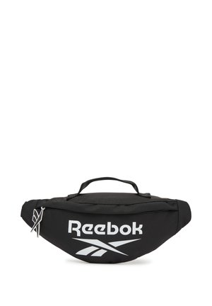 Schwarze Reebok-Gürteltasche mit weißem Logo, Tragegriff oben und einem mit Reißverschluss verschließbaren Hauptfach vor weißem Hintergrund.