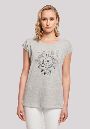 Graues Baumwoll-T-Shirt mit kurzen, aufgerollten Ärmeln, das einen schwarzen Grafikdruck von Winnie Pooh und seinen Freunden zeigt, mit der Aufschrift "Winnie the Pooh".
