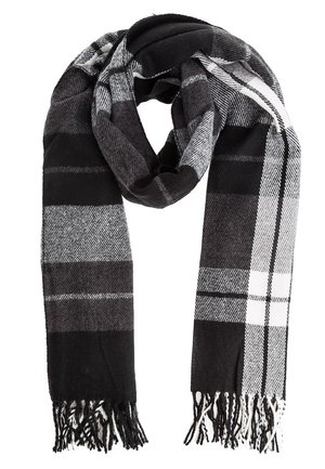 Zwart, grijs en wit geruit sjaal met franjes aan de uiteinden, losgevouwen met een lus aan de bovenkant tegen een witte achtergrond.