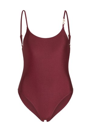 Burgundyröd baddräkt med tunna justerbara axelband, sömlös design och en subtil glans på ett mjukt, stretchigt material.