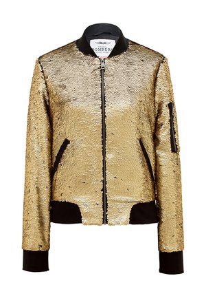 Veste bomber en sequins dorés avec un col et des poignets en côte noirs. Elle dispose d'une fermeture éclair sur le devant et de poches latérales pour la fonctionnalité.